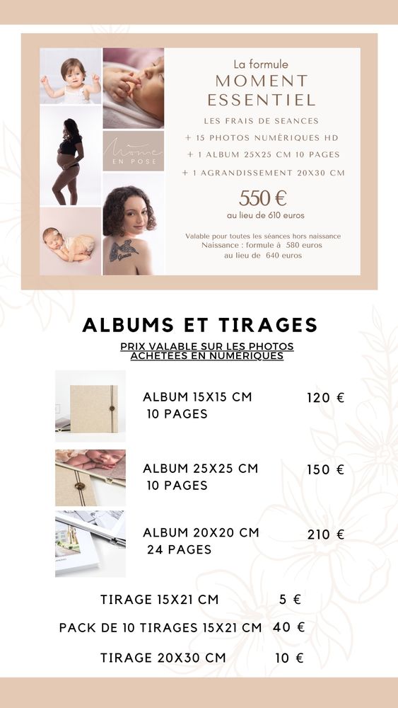 Tarif Frais de séances 2023 : formule moment essentiel 520 euros